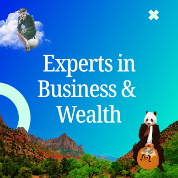 Illustration featuring "Experts in Business & Wealth" text, with surreal elements like a person on a cloud and a panda in a suit.